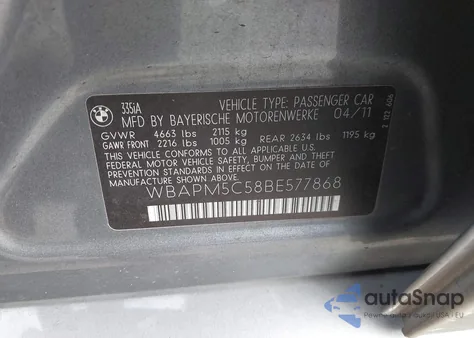 2011 BMW 335I из США, поврежденный, VIN WBAPM5C58BE577868